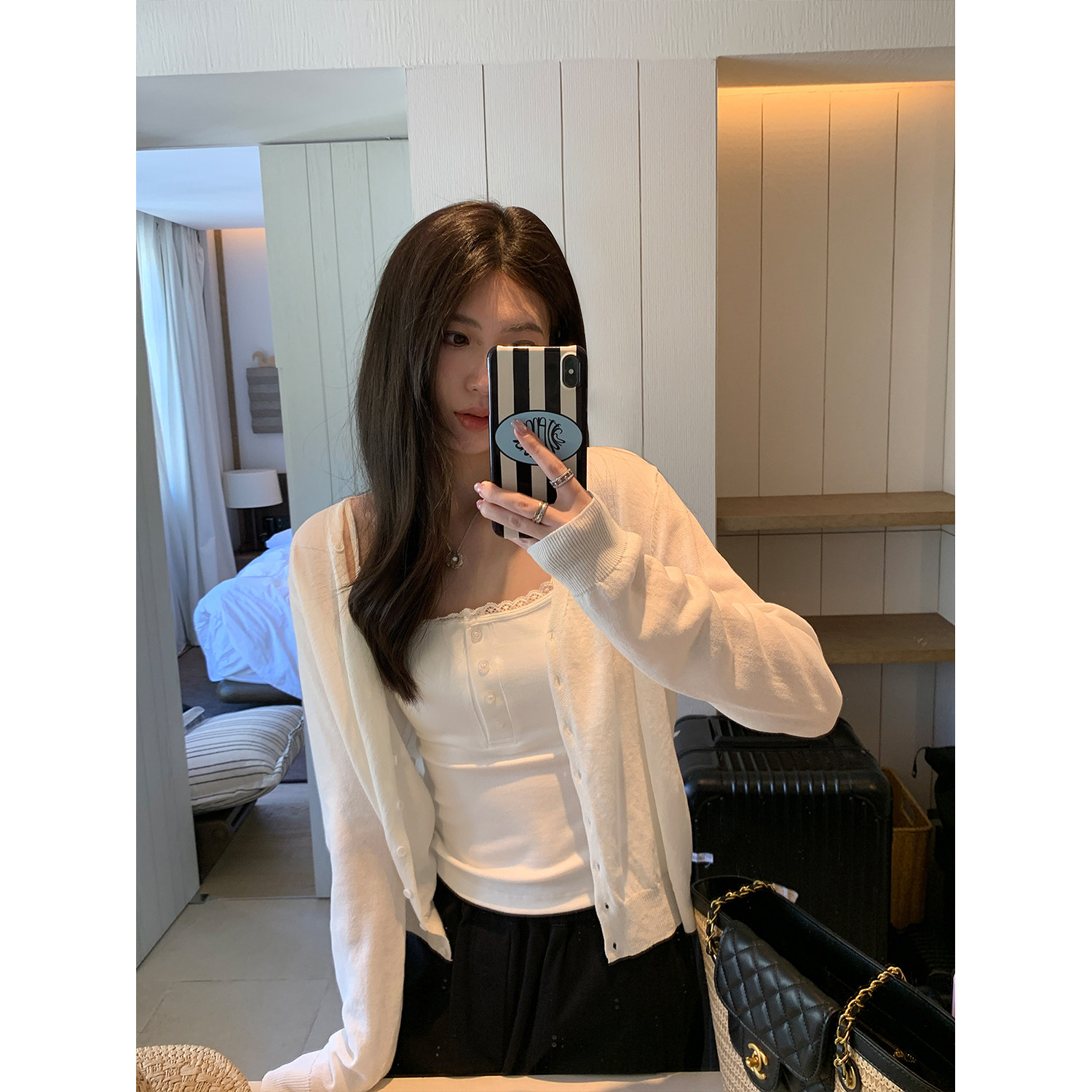 阿一 轻盈和纸纱 V领针织开衫女夏季薄款设计感空调衫外搭上衣