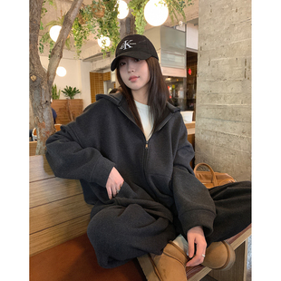 阿一 重磅磨毛拉绒 双拉链加绒卫衣女冬季加厚灰色休闲连帽外套