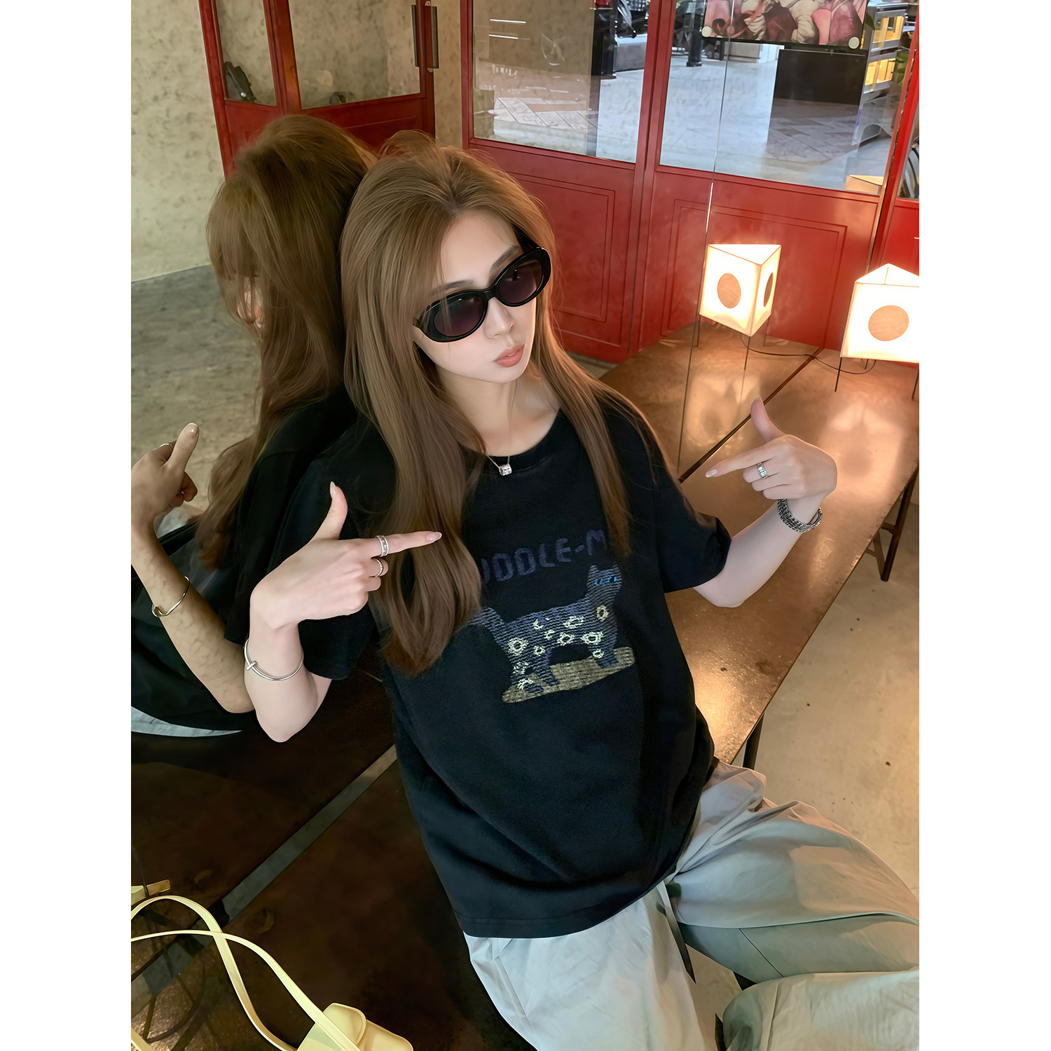 阿一 指纹猫咪设计感T 纯棉水洗短袖t恤女夏季新款宽松休闲上衣