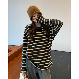 阿一 奶盐奥利奥慵懒风打底衫女秋季磨毛宽松黑白条纹长袖T恤上衣