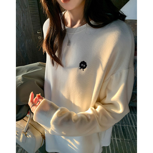 阿一 300g双面泡芙绒 煤球精灵刺绣打底衫女冬季磨毛中长白色上衣