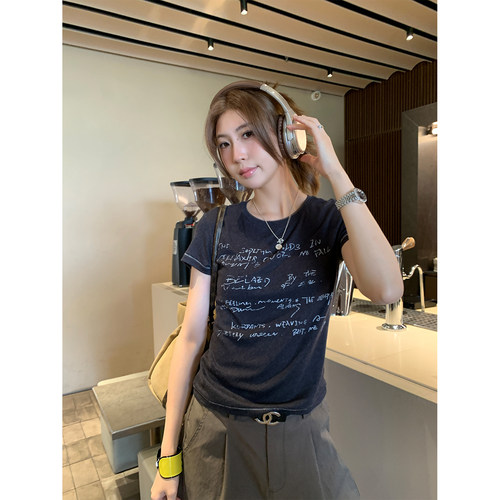 阿一 婴儿肌裸感 天丝亚麻正肩圆领短袖t恤女夏季复古印花上衣