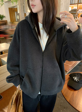 阿一 重磅磨毛拉绒 廓形双拉链卫衣女秋冬加绒灰色休闲连帽外套