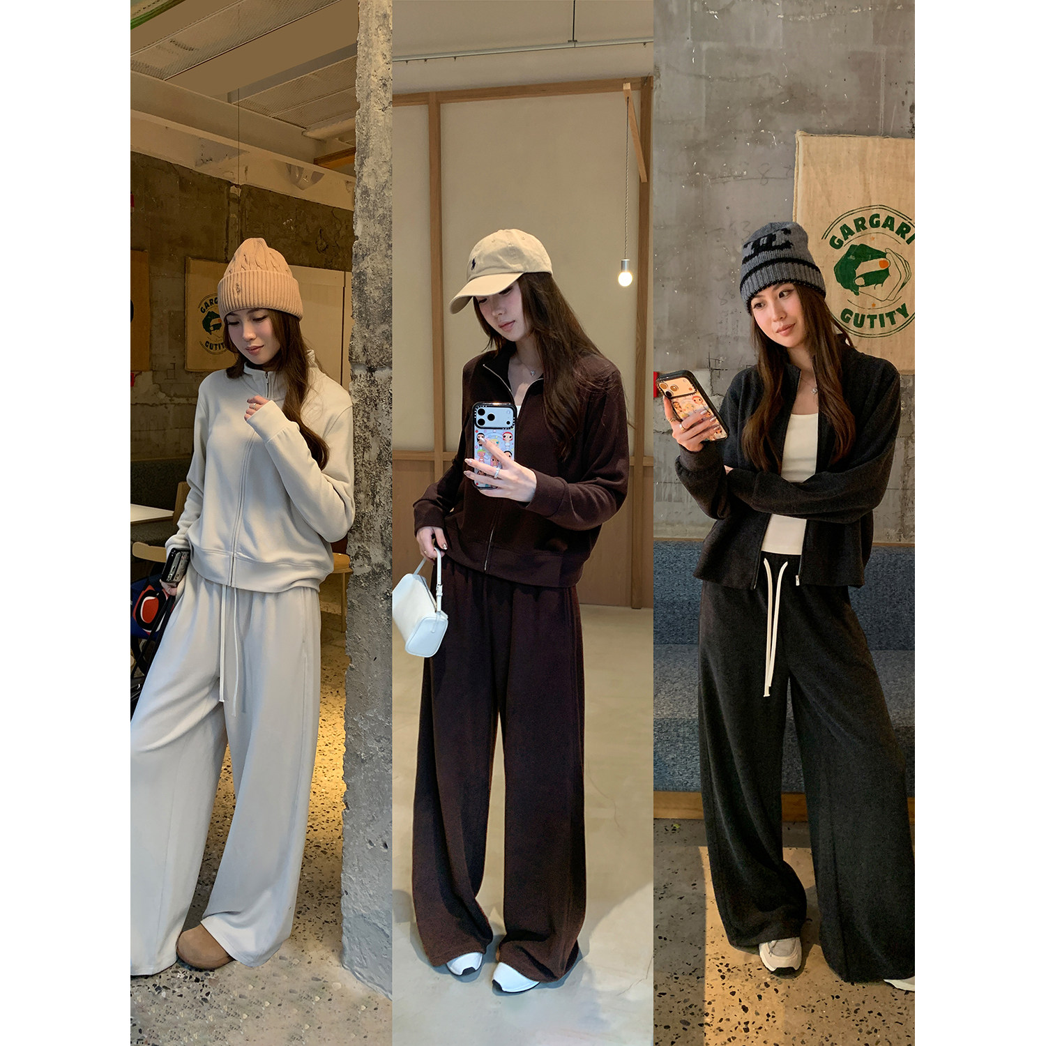 阿一 自发热一体绒卫衣套装女秋冬加厚开衫外套+休闲直筒裤两件套