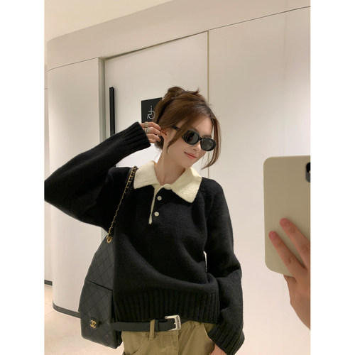 阿一 高智miu系 蓬松暖糯撞色polo翻领毛衣女秋冬宽松针织上衣