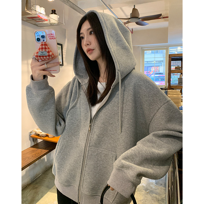 阿一 双面棉拉链连帽卫衣女秋冬季新款宽松灰色休闲加绒开衫外套