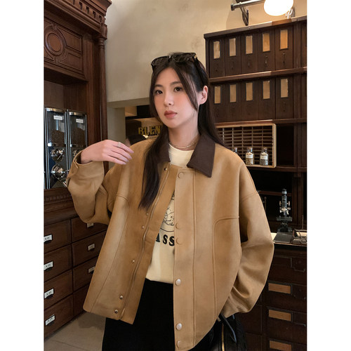 阿一 巴恩风Vintage翻领麂皮夹克外套女秋季新款棕色复古短款上衣