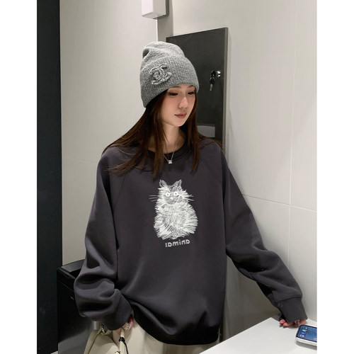 阿一 重工抽象刺绣喵咪圆领卫衣女秋季慵懒风宽松加绒灰色上衣