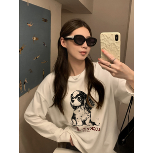 阿一调皮史宾格 超柔磨毛手绘小狗印花长袖T恤女秋季宽松打底上衣