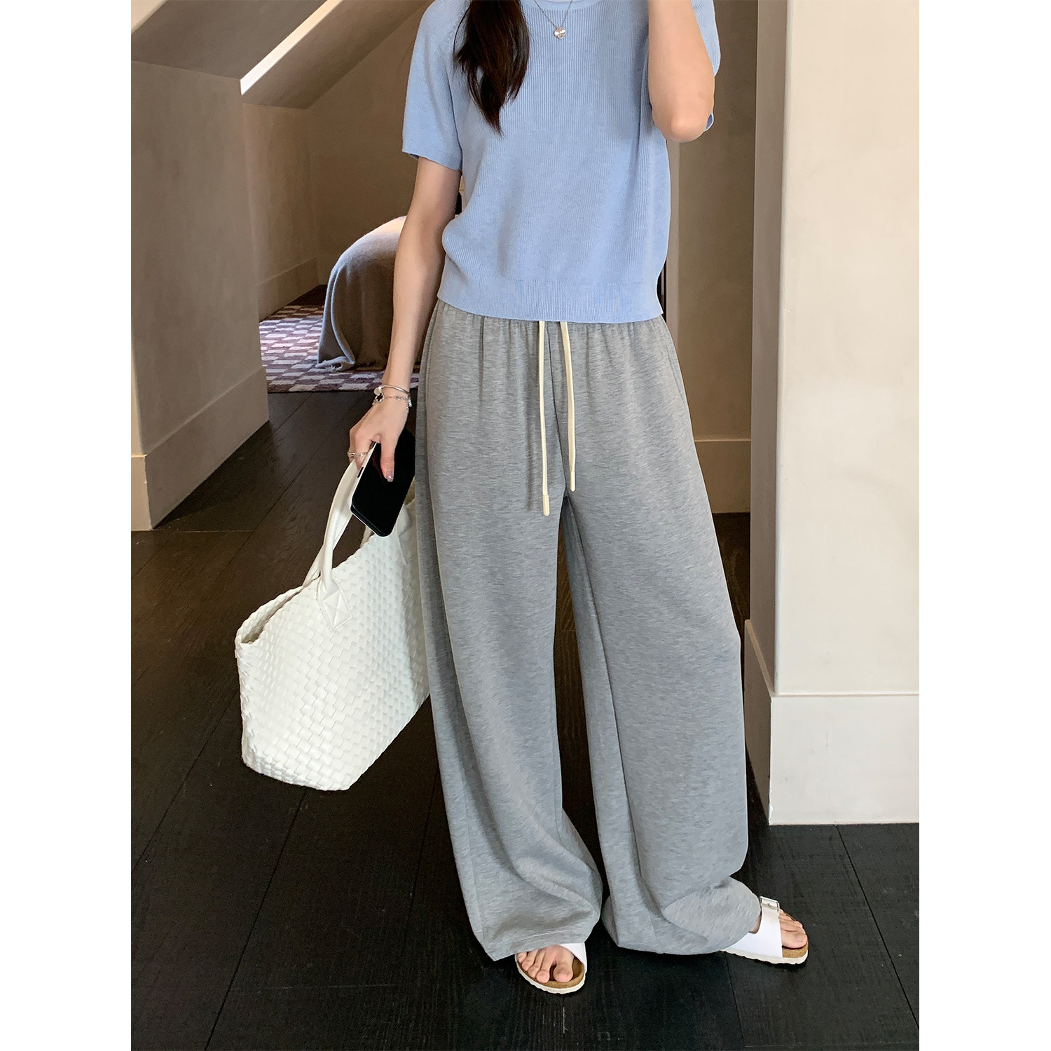 阿一 砂洗天丝垂垂空气休闲裤女秋季牛奶丝滑感阔腿灰色直筒卫裤
