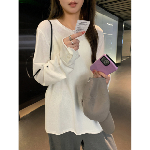 阿一 慵懒撕边Tee 天然麻感棉薄软长袖T恤女秋季开襟袖宽松上衣