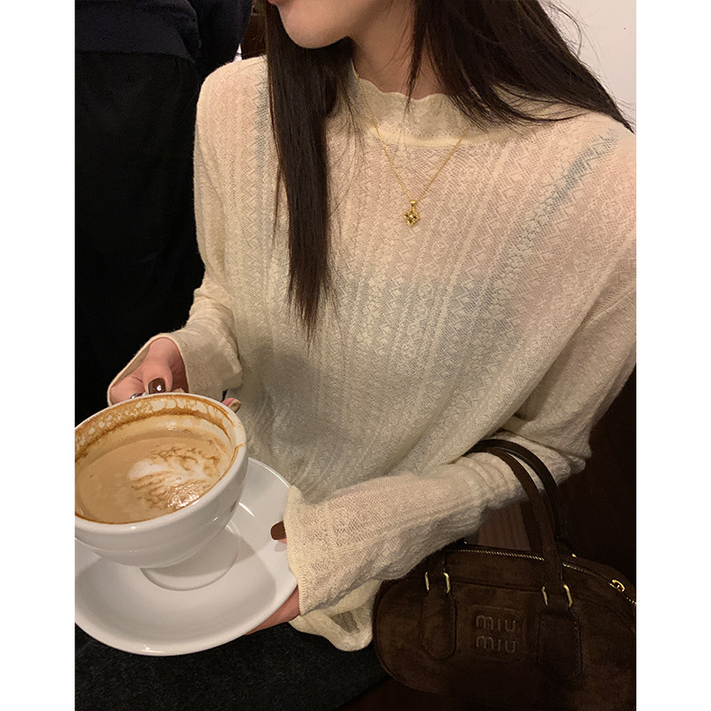 阿一 羊毛欧根纱细密蕾丝打底衫女秋季法式花边领内搭上衣针织衫