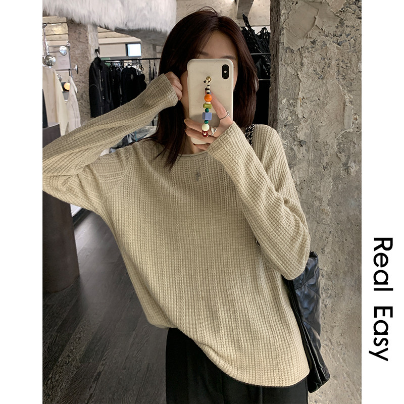 阿一 麦穗纹理 含羊毛编织针织衫女秋季宽松圆领上衣长袖打底衫
