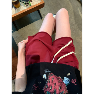 阿一 卷边溜达裤 松紧腰红色抽绳短裤女夏季宽松显瘦运动五分裤