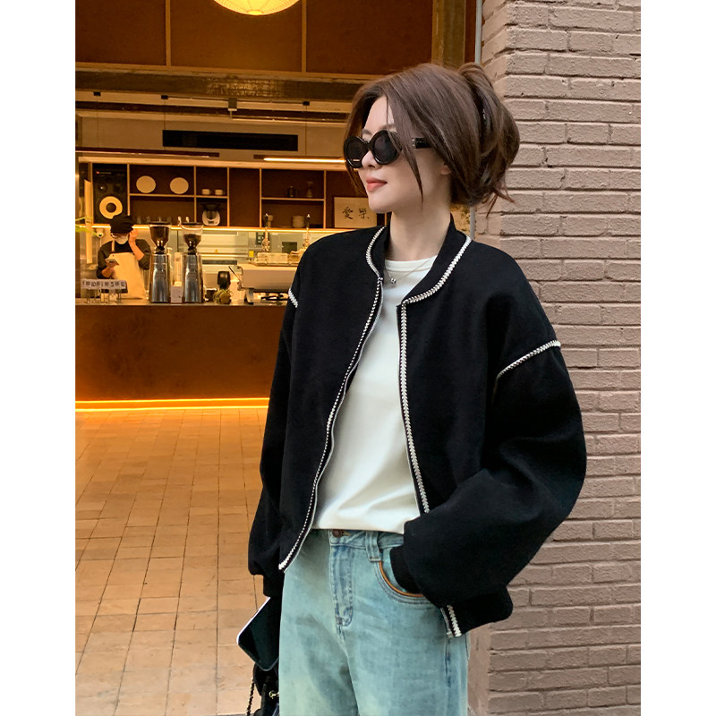 阿一 麦穗纹复古休闲短款棒球服女秋季新款宽松黑色开衫夹克外套