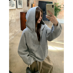 阿一 素颜卫衣 好穿的宽松版慵懒连帽卫衣女秋季休闲灰色拉链外套