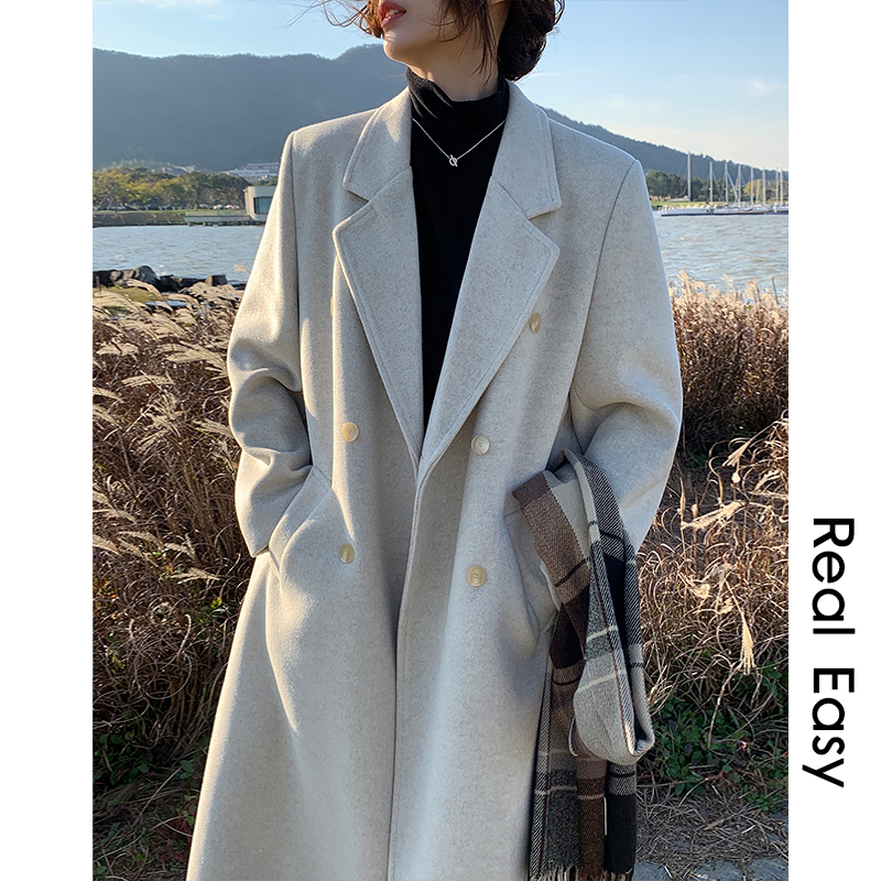 阿一 气质垫肩 毛呢大衣女秋冬加厚夹棉白色中长款正肩呢子外套