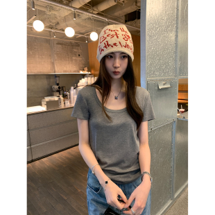 阿一 爽滑棉反缝设计 显瘦U领短袖t恤女夏季设计感纯色百搭上衣