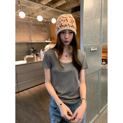 阿一 爽滑棉反缝设计 显瘦U领短袖t恤女夏季设计感纯色百搭上衣