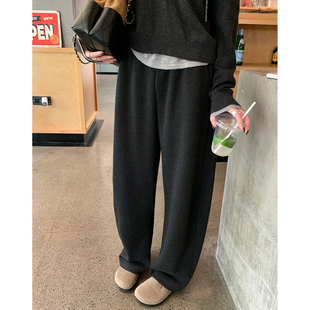阿一醋酸羊毛弯刀休闲裤女秋季云朵泡芙毛呢裤子加绒黑灰色阔腿裤