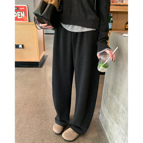 阿一醋酸羊毛弯刀休闲裤女秋季云朵泡芙毛呢裤子加绒黑灰色阔腿裤