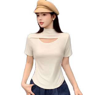 型打底衫 25春夏薄款 女T恤修身 洋气短袖 设计感小众潮女半高领短袖