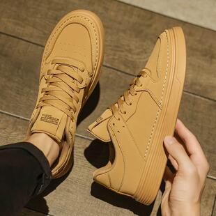 莆田男鞋冬季2025新款潮牌高级感小麦色板鞋百搭运动皮面休闲潮鞋