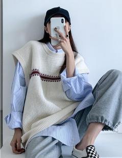 慵懒风复古马甲针织毛衣背心叠穿条纹衬衫 秋季 新款 套装 两件套 女装