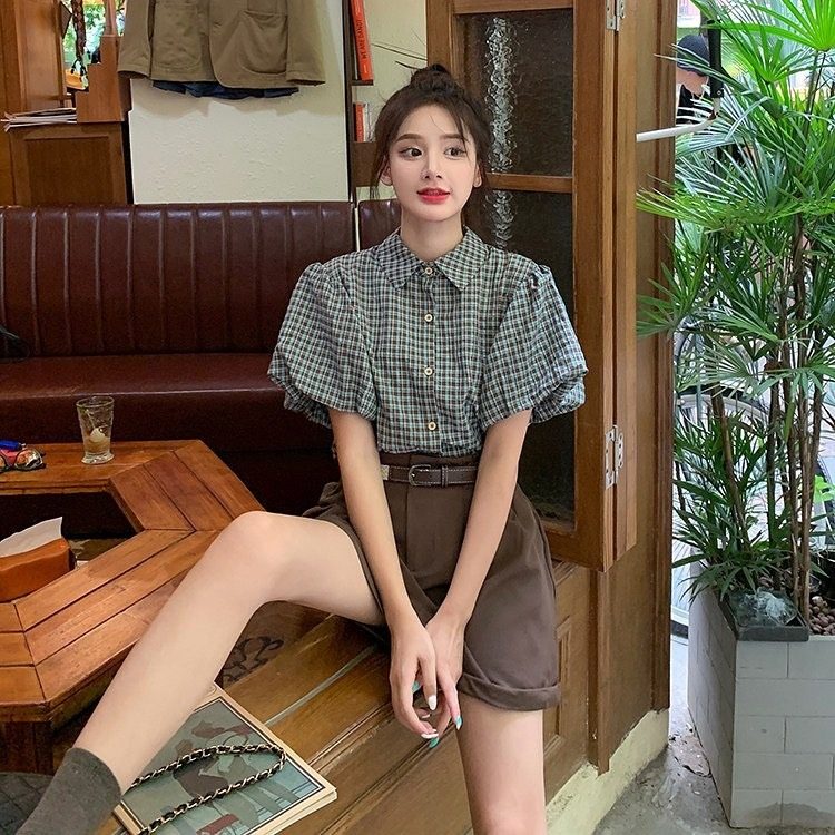 夏季套装女新款美式复古港味格子衬衫短袖休闲短裤子两件套高级感