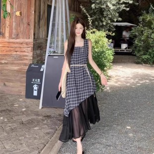 設計感網紗拼接格紋連衣裙女夏季 高級感不規則背心吊帶裙 2025新款
