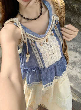 大理洱海度假风小吊带背心女夏日新款民族风拼接蕾丝上衣流苏长裙