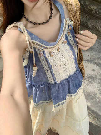 大理洱海度假风小吊带背心女夏日新款民族风拼接蕾丝上衣流苏长裙
