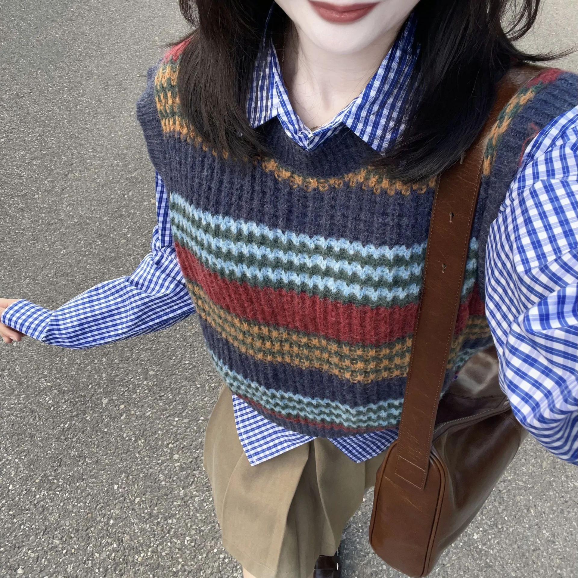 美拉德~美式学院风撞色马甲套装