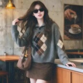 港味复古学院风毛衣套装 秋冬新款 慵懒风菱格针织上衣半身裙两件套