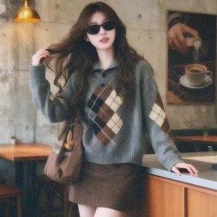 港味复古学院风毛衣套装秋冬新款慵懒风菱格针织上衣半身裙两件套