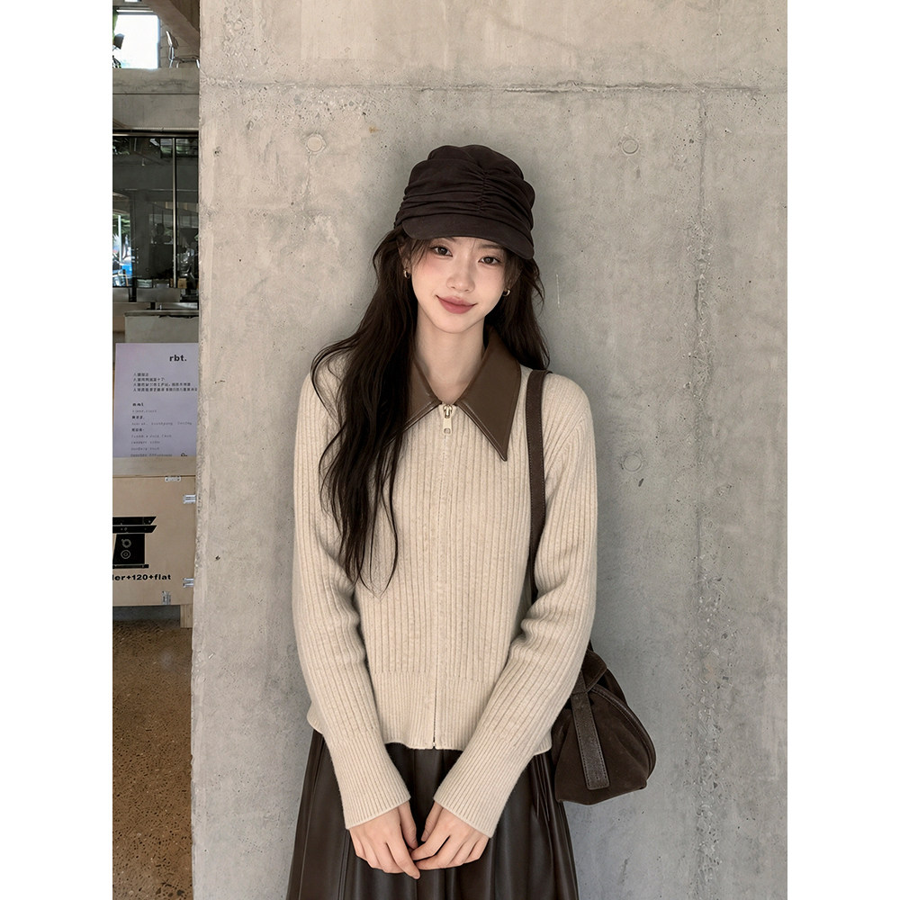 老钱风拼接皮领双拉链针织开衫女2026秋季新款设计感保暖毛衣外套