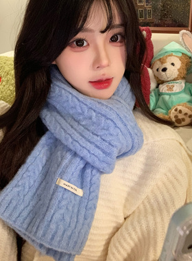 2025新款含羊毛纯色针织围巾女冬季韩系高级感保暖防寒护颈围脖