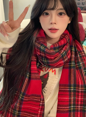 圣诞围巾女2025新款秋冬季红色格子高级氛围感百搭针织加厚保暖