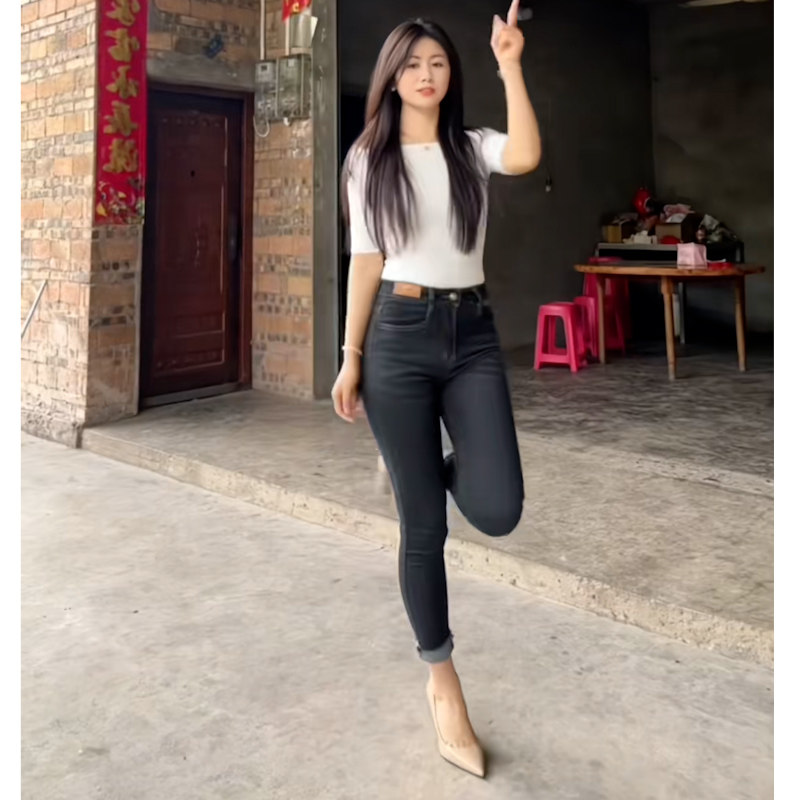 高腰修身显瘦弹力九分牛仔裤女
