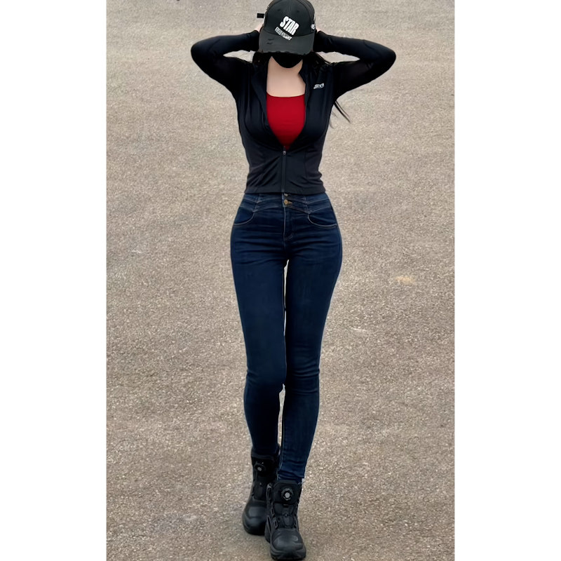 欧美风格高腰修身牛仔裤女显瘦小脚裤深蓝色长裤紧身铅笔裤