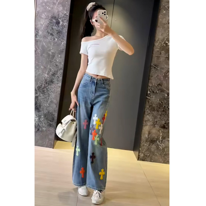 美式街头时尚百搭十字架贴花牛仔裤女高腰显瘦直筒阔腿裤