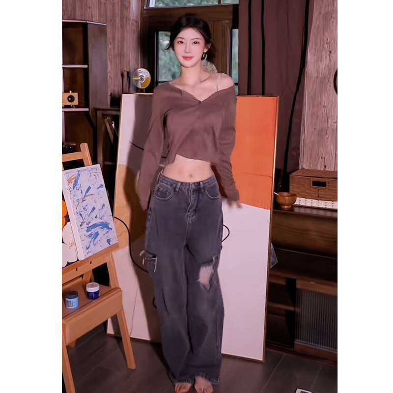 直筒裤子女夏季新款复古破洞牛仔裤宽松显瘦高腰阔腿裤拖地长裤潮