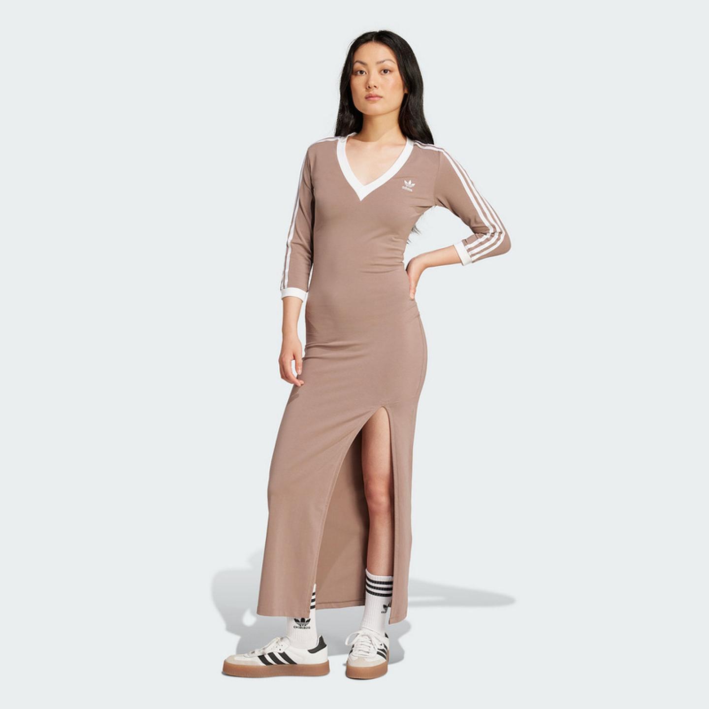 阿迪达斯三叶草新款2025春女休闲长款侧开叉时尚V领连身裙 JX5193