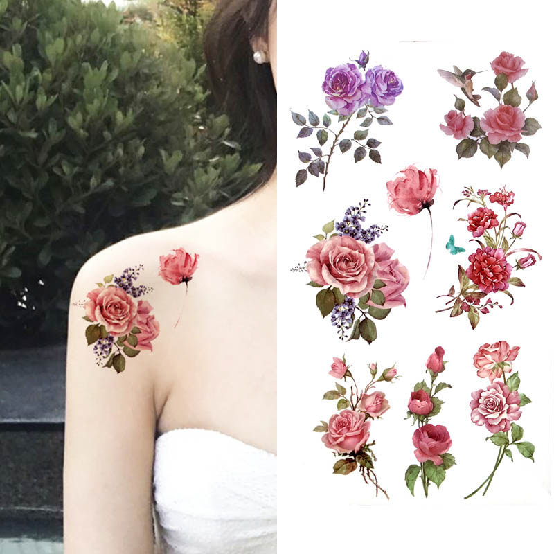 3张性感纹身贴防水女持久仿真文身贴彩色玫瑰花牡丹胸部贴画胸部