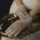 饰分指透明短款 新款 白色网纱大蝴蝶结蕾丝花边手套手工串珠装 手套