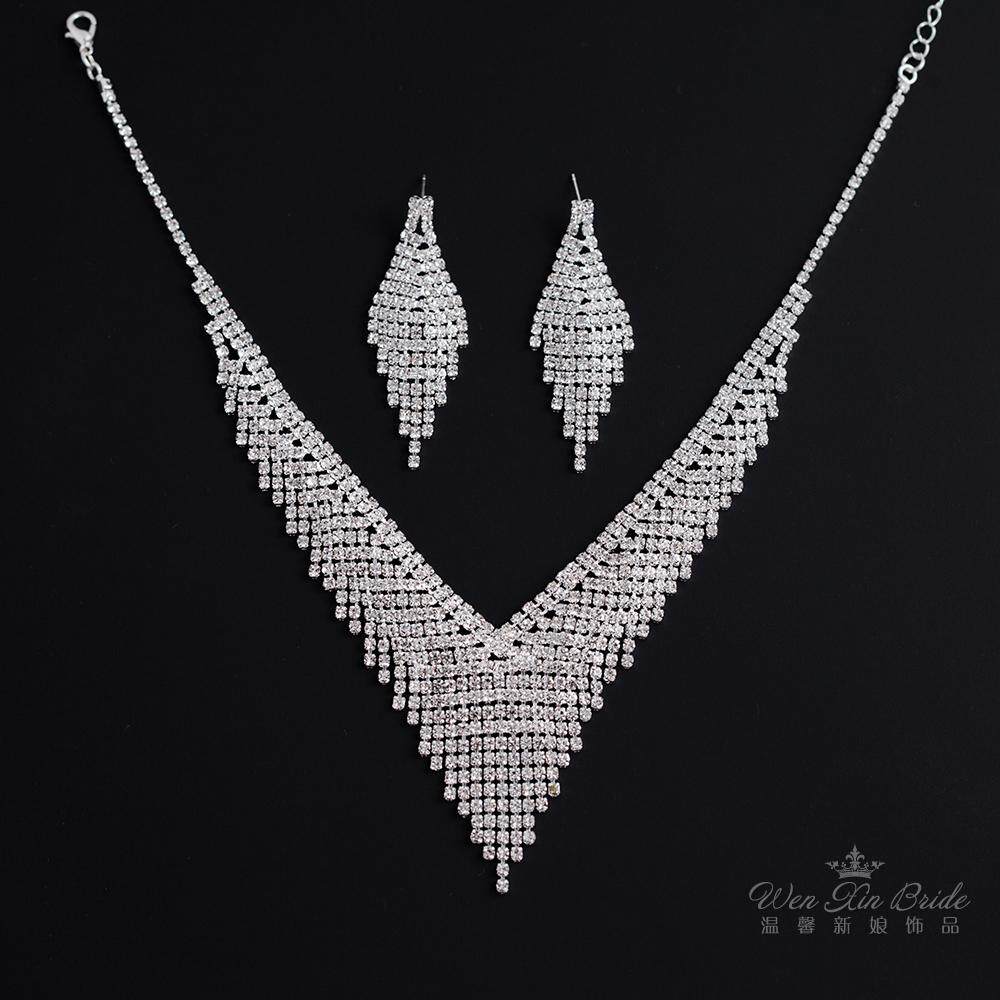 新款爪钻流苏耳环项链套装新娘结婚饰品黑钻颈链舞台礼服套链配饰