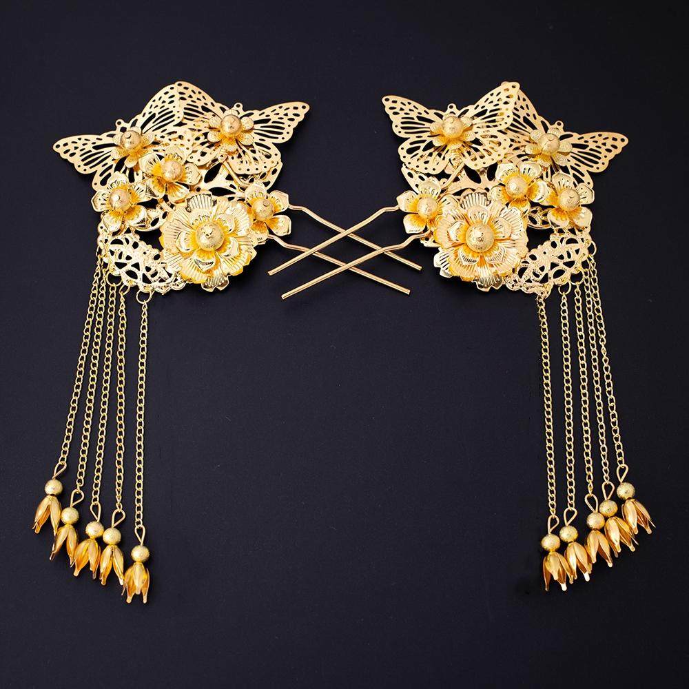 金色花朵蝴蝶古装发簪新娘结婚秀禾服头饰长流苏步摇中式旗袍配饰
