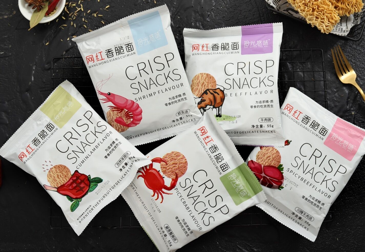 拾光悠味香脆面网红干脆面孜然羊排蟹黄虾条味川辣牛肉味55g袋装