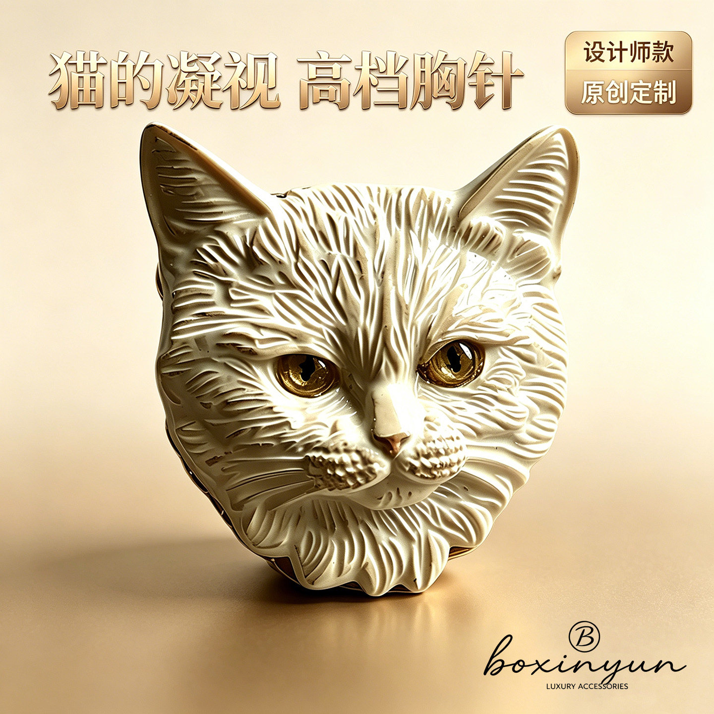 泊心云猫的凝视 高级感描金猫咪头胸针 小众设计猫脸大衣毛衣配饰