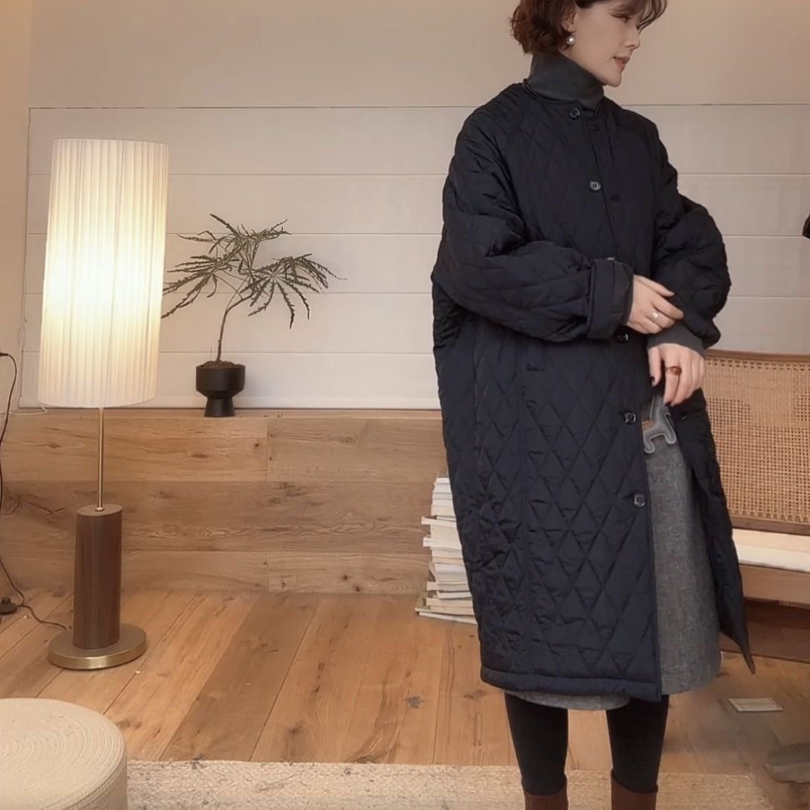 菱格圆领棉服女小个子宽松显瘦百风衣